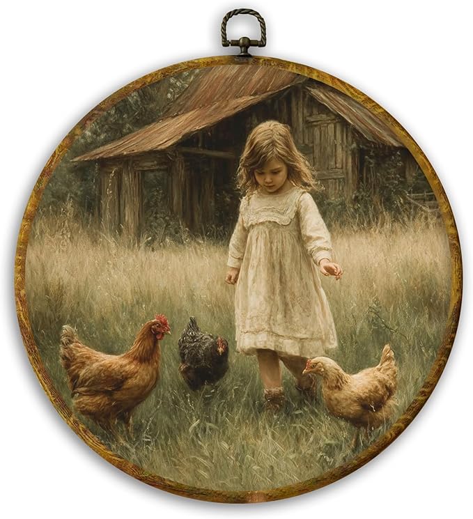 CUANFDDSF Vintage Rustic Farmhouse Round Wall Art, Cottagecore Farm Little Girl Chicken Framed Hanging Wall Decor, Country Canvas Prints Decorations for Home Bedroom Living Room, 10x10 Inch