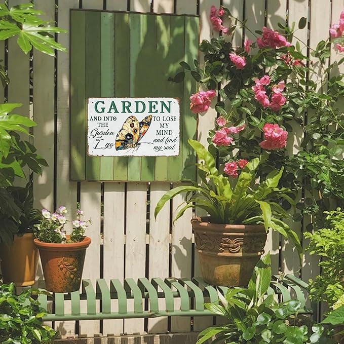 Metal Sign And Into The Garden I Go To Lose My Mind And Find My Soul Butterfly Tin Sign for Garden Outdoor Yard Home Fence 12×8 Inch