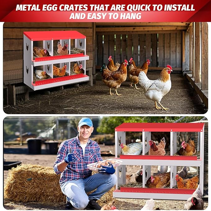 Chicken Nesting Boxes, 6-Compartment Metal Egg Laying Box with Swing Perch and Secure Lid – Versatile Wall Mount or Free Standing Suitable for Various Chicken Breeds -red