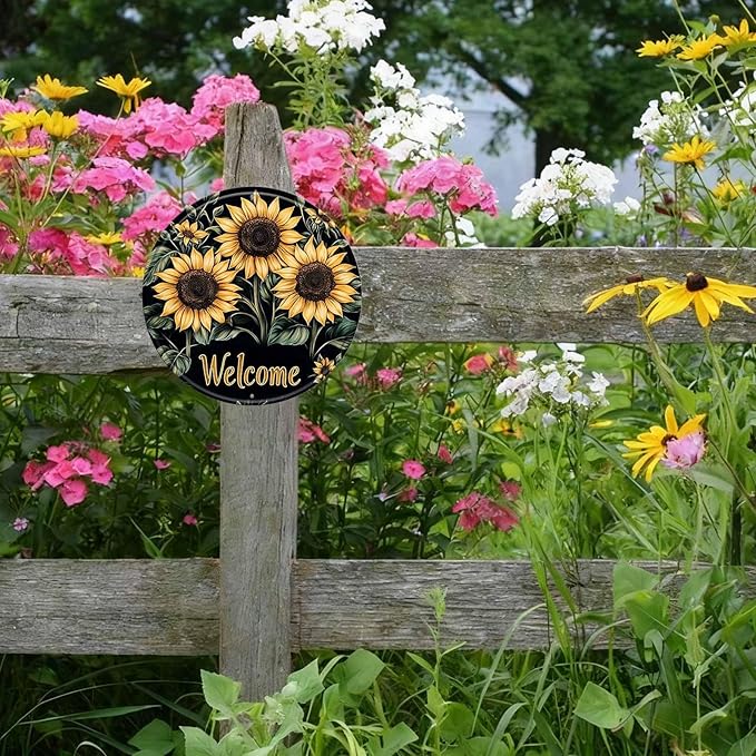 Sunflower Round Metal Tin Sign Wreath Welcome Metal Tin Sign Vintage Aluminum Wall Art for Home Garden Porch Yard Fence Retro Wall Decor 8x8inch