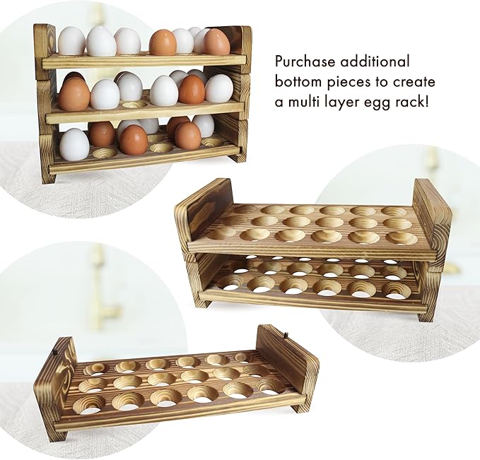 Expandable Stackable Wooden Egg Holder Countertop for 36 Eggs, Rustic Kitchen Decoration, Two-Piece Compact Egg Rack for Counter - Chicken Decor Design - Gui's Chicken Coop (Double Rack)