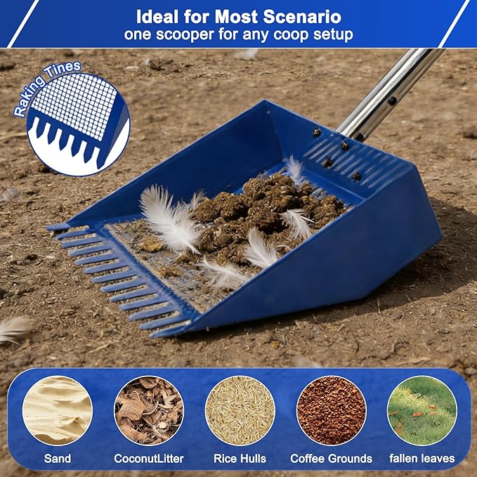 Chicken Poop Scooper & Rake, Stainless Steel Shovel Head Pooper Scooper, Adjustable Stainless Steel Handle 28"-68", Chicken Scooper for Chicken Coop Cleaning Tool with Reuseable Yard Waste Bags