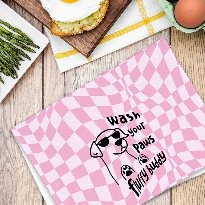 Pink Funny Dog Bathroom Kitchen Towels, Wash Your Paws Hand Towel for Girly Room, Cute Puppy Gifts for Dog Lovers, Trendy Preppy Checkered Dish Towels Decor for Dorm 16x24in