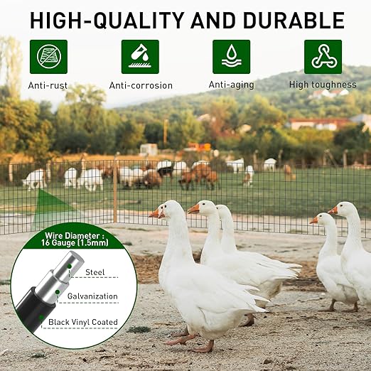 Black PVC Coated Welded Wire Fence 24 Inch x 50 Foot, 2 x 3 Inch 16GA Garden Border Fencing Roll Metal Wire Mesh Animal Barrier Fence for Yard Plant Vegetable Protection Dog Poultry Netting