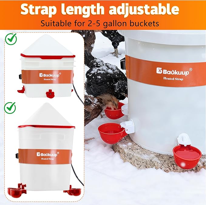 30 Inch Thermostatical Chicken Water Bucket Belt Heater, Silicone Chicken Waterer Heat Strap with 6.6 Ft Power Cord, Self-Regulating Poultry Water Heater Band for 2-5Gal Bucket Prevent Freezing