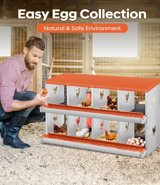Chicken Nesting Box,8 Compartments Nesting Box for Chickens, Two-Tier Galvanized Metal Wall Mount Chicken Egg Laying Box with Large Vented Holes for Easy Egg Collection ﻿