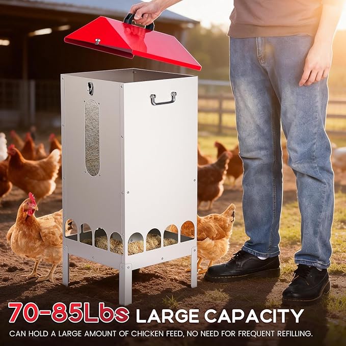 70-85lbs Automatic Chicken Feeder No Waste Gravity Poultry Feeder with 16 Ports and Visible Feed-Level, Chicken Food Dispenser for Duck, Goose, Turkey