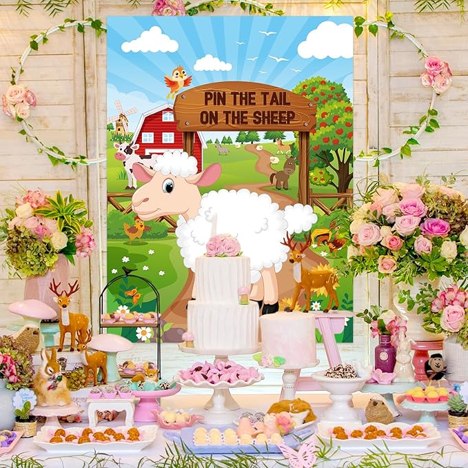 Faccito Farm Animal Games Pin The Tail on The Animals Barnyard Birthday Party Decorations Farm Poster Games with 24 Stickers 2 Eye Masks for Family Activities Birthday Party Decor Supplies (Sheep)