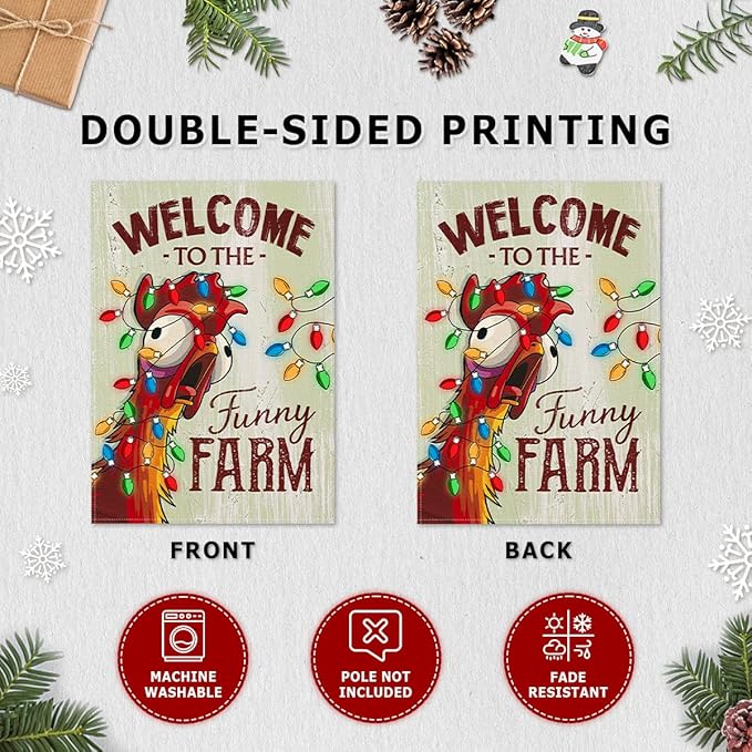 Christmas Welcome Flag - Fun Xmas Farmhouse Animal with Holiday Lights Garden Flags - Rustic Chicken Coop Décor Outside - Welcome to the Funny Farm Sign