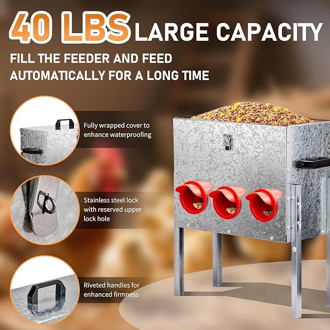 VINGLI Chicken Feeder with 6 Feeding Ports, 40 lb No Waste Large Capacity Metal Poultry Feeder with Handles and Lid for Backyard Chickens and Poultry (6 Ports)