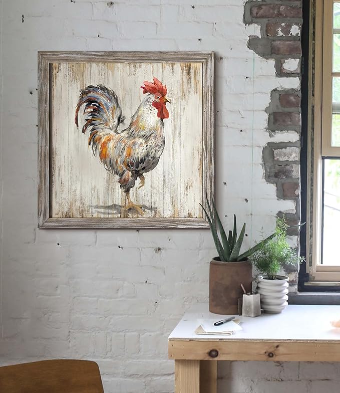 Rustic Farmhouse Wall Art Decor: Rooster Chicken Wood Picture Farm Animal Framed Artwork Painting Kitchen Country Countryside Print Decorations for Home Bedroom Dining Room 24 x 24 Inches