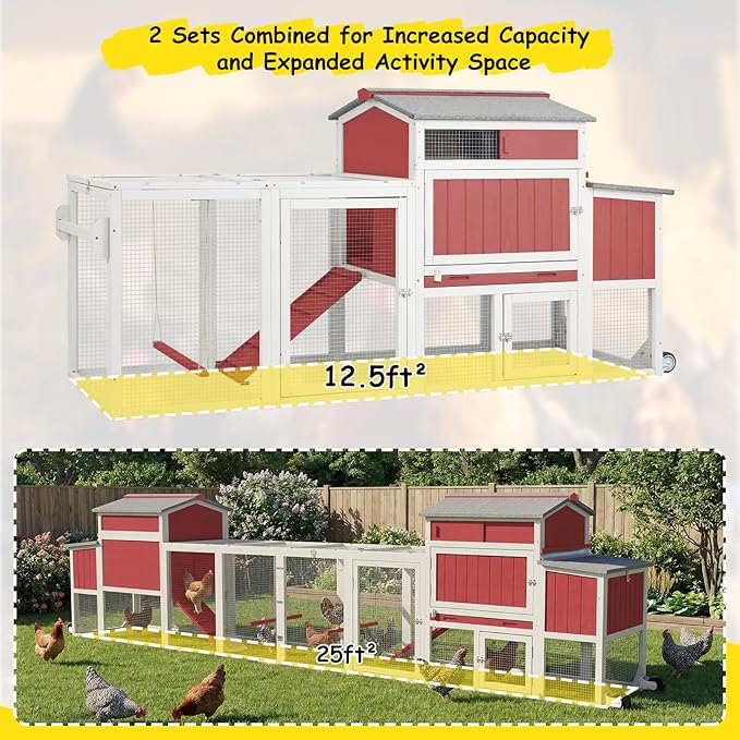 Wooden Chicken Coop with Wheels – Large Movable Outdoor Hen House with Waterproof Clear Sunlight Panel Roof, Nesting Box & Easy-Clean Tray – Spacious Backyard Poultry Tractor Red