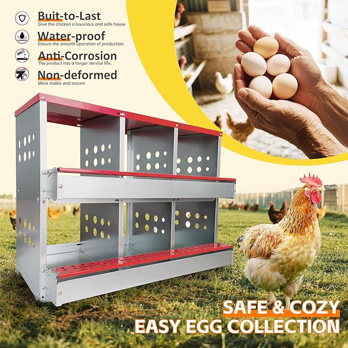 Chicken Nesting Boxes,6 Compartments Metal Chicken Laying Box with Roll Out Egg Collection with Large Vented Holes for Chickens, Hens, Ducks, Large Egg Laying Boxes (6 Compartments)