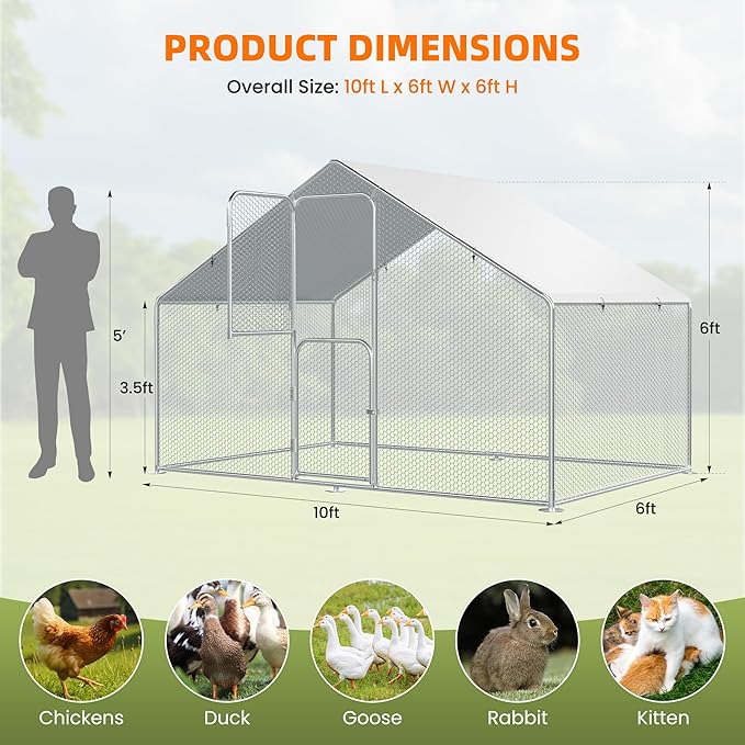 UDPATIO Large Metal Chicken Coop Walk in, Outdoor Heavy Duty Chickens Pen Run w/Cover for 10-15 Chickens - Predator Proof Poultry House