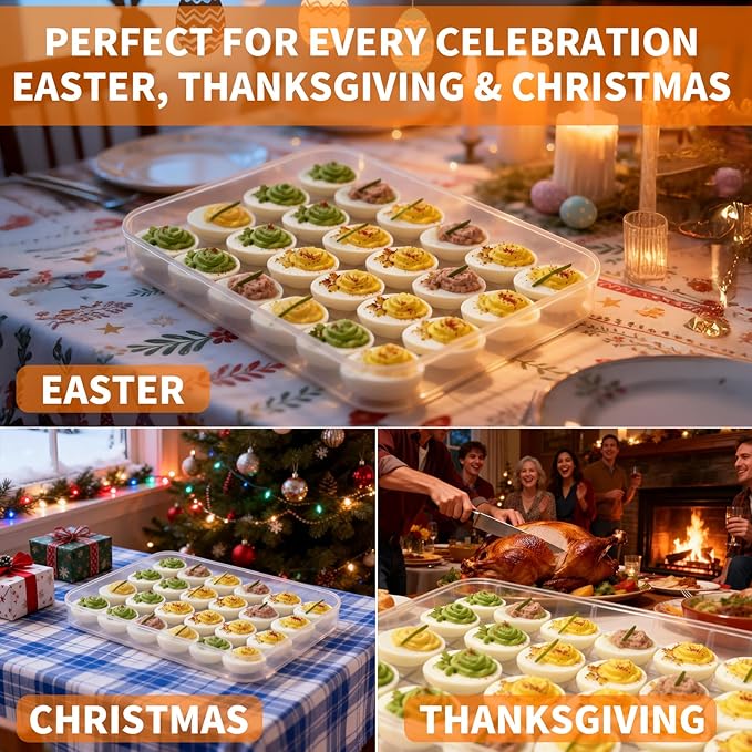 77L Deviled Egg Containers with Lid, Set of 3 Stackable Egg Carriers, Holds 72 Eggs for Refrigerator, Clear Trays for Parties & Holidays