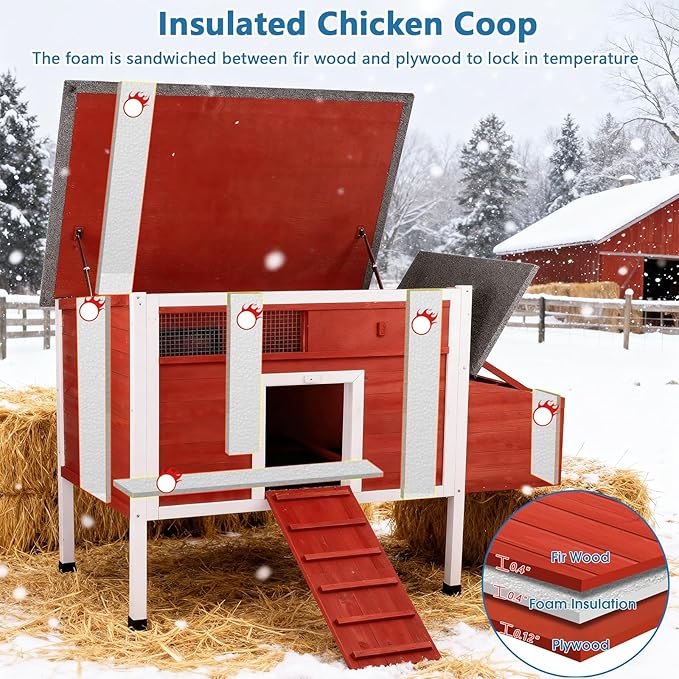 Chicken Coop Hen House Wooden Insulated Poultry Cage Rabbit Hutch with Nesting Box Asphalt Roof Pull-Out Metal Tray Elevated Legs Removable PVC Layer