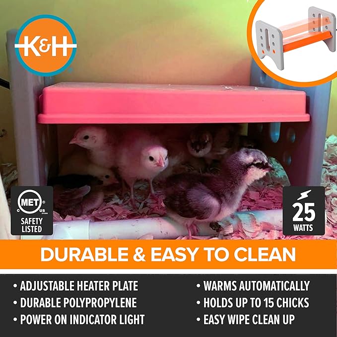K&H Pet Products Chicken Brooder Heater for Chicks Ducklings, Adjustable Heating Plate for Brooder Boxes, Warms up to 15 Chicks, Chicken Coop Poultry Heating with Safety Light, Small 25 Watts
