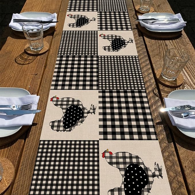 Seliem Farm Animal Chicken Hen Black White Buffalo Plaid Check Table Runner, Farmhouse Chick Home Kitchen Holiday Spring Summer Decor, Easter Country Rustic Burlap Dining Decoration Party Supply 13x72