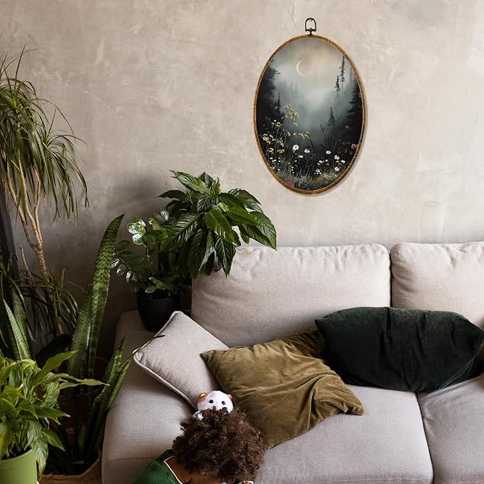 Hiuwevt Vintage Moody Forest Moon Oval Wall Art Decor, Dark Cottagecore Flower Field Framed Canvas Prints, Rustic Landscape Oval Wall Hanging Decor for Home Bedroom Decorations, 8.6x11.4 Inches