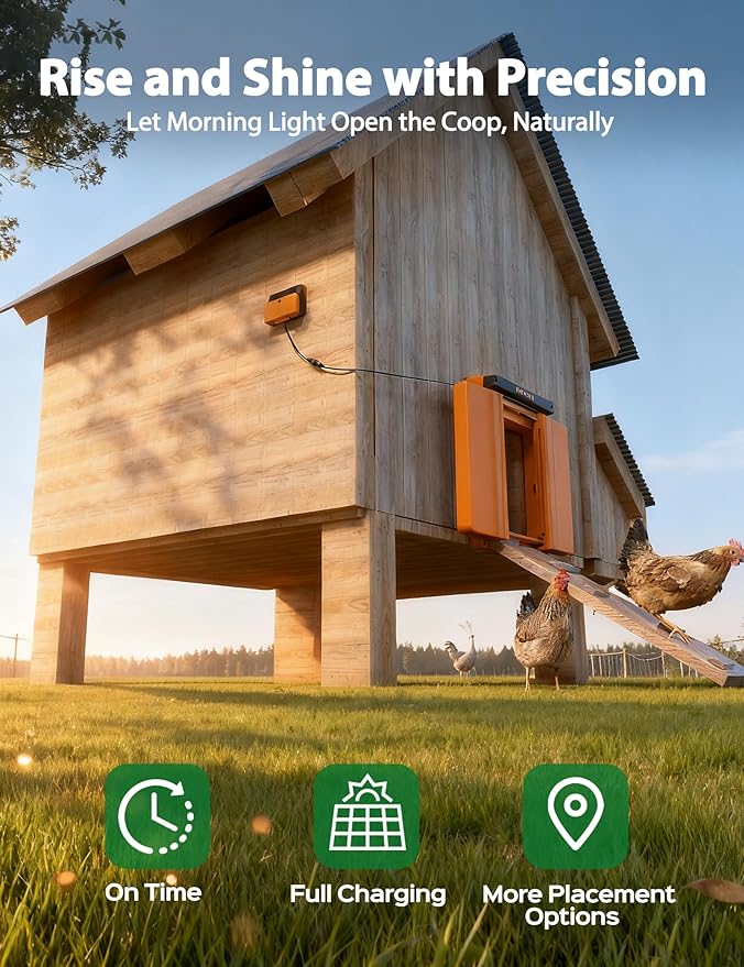 Solar-Powered Automatic Chicken Coop Door, Dual Motor Coop Door with Light Sensor, Timer & Manual Mode, Chicken Opener with Anti-Pinch System, Detachable Controller, Dual Power Options, Weatherproof