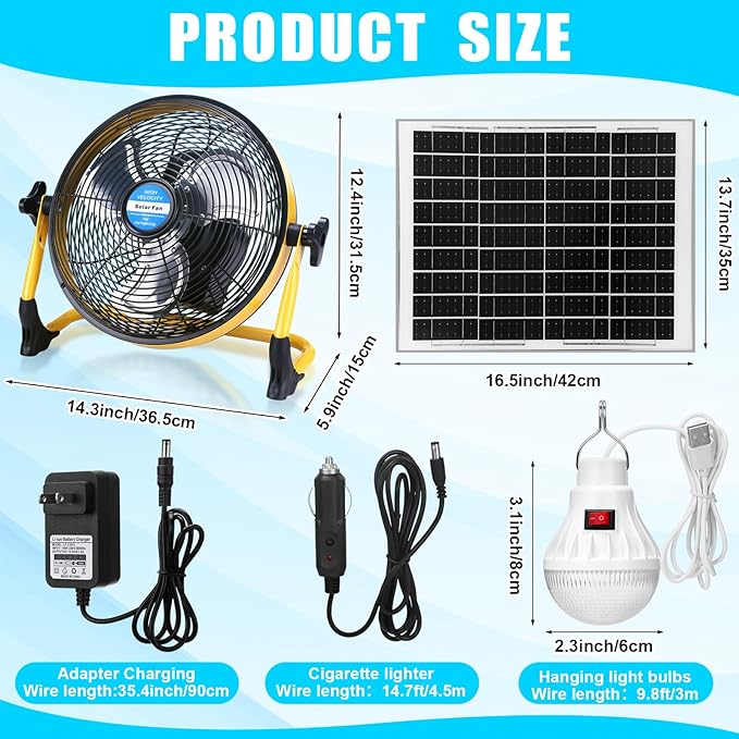 Sumind Solar Powered Fan 15000mah 20w Portable Ventilador Rechargeable Camping Fan Battery Powered with Panel and Light for Outside, Home, Travel, Chicken Coop, Shed, Greenhouse(Yellow,10 Inch)