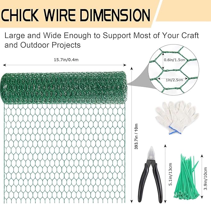 Chicken Wire 15.7in x 393.7in with a Pair of Gloves，1 Wire Cutter，100 Pcs Cable Zip Ties, Floral Chicken Wire Mesh 0.8in Hexagonal Galvanized PVC Coated Garden Netting Fence for Craft Poultry Garden