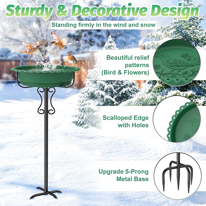 Heated Bird Bath for Outside Winter,100W Thermostat Control Birdbath Bowl with Metal 5-Prong Base,Freestanding Heated Bird Baths for Outdoors Garden Patio Yard Lawn (Green)