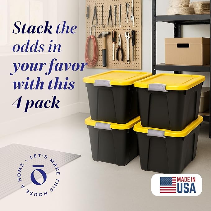 Homz 22-Gallon Durabilt Plastic Stackable Home Office Garage Storage Organization Container Bin w/Latching Lid and Handles, Black/Yellow (4 Pack)