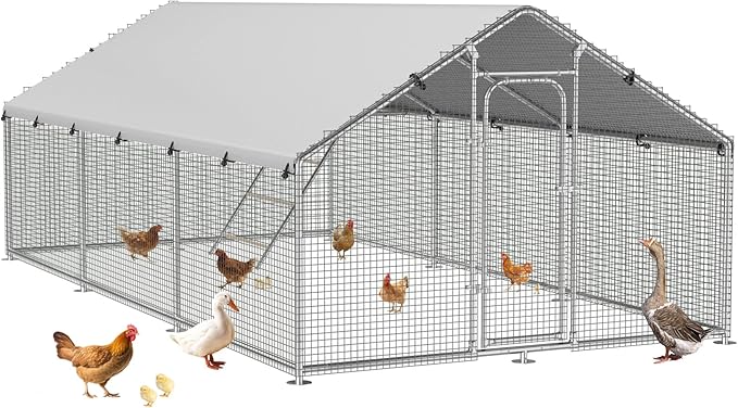 Large Metal Chicken Coop Run with Roosting Perch, Outdoor Poultry Cage with Waterproof & UV-Resistant Cover for Chickens, Ducks, Rabbits in Yard or Farm Use, Spire Roof(8.9'W x17.7'L x 6.6'H)