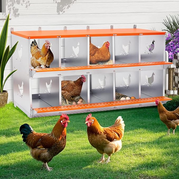 Chicken Nesting Box, 10 Compartment Wall Mount Metal Chickens Laying Boxes for Hens, Ducks, Roll-Out Egg Collection for Chicken Coop, Backyard, Farms, Orange