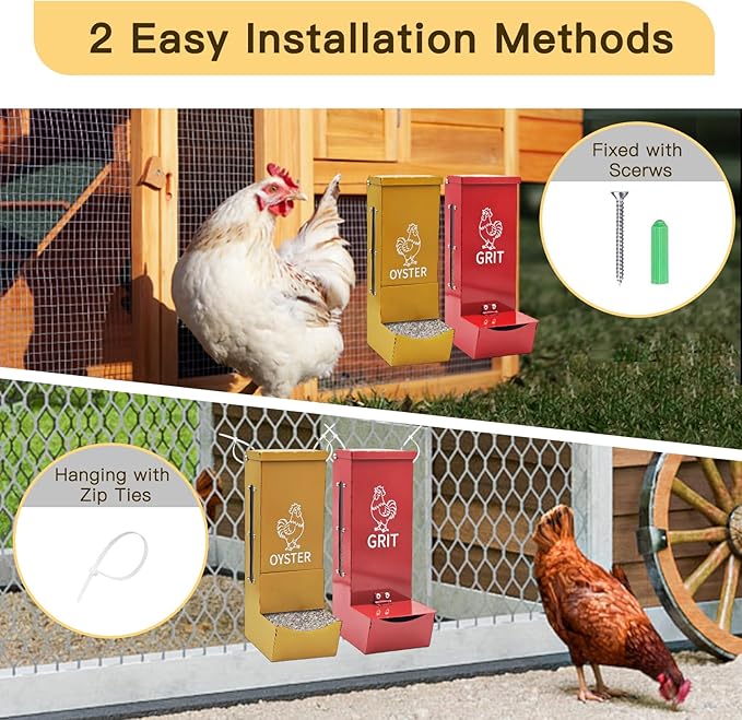 Chicken Oyster Shell Feeder and Grit Feeder, Heavy Duty Metal Automatic Chicken Feeders with Lid, Gravity-Fed Chicks Food Dispenser Hanging Poultry Feeders 2 Pack