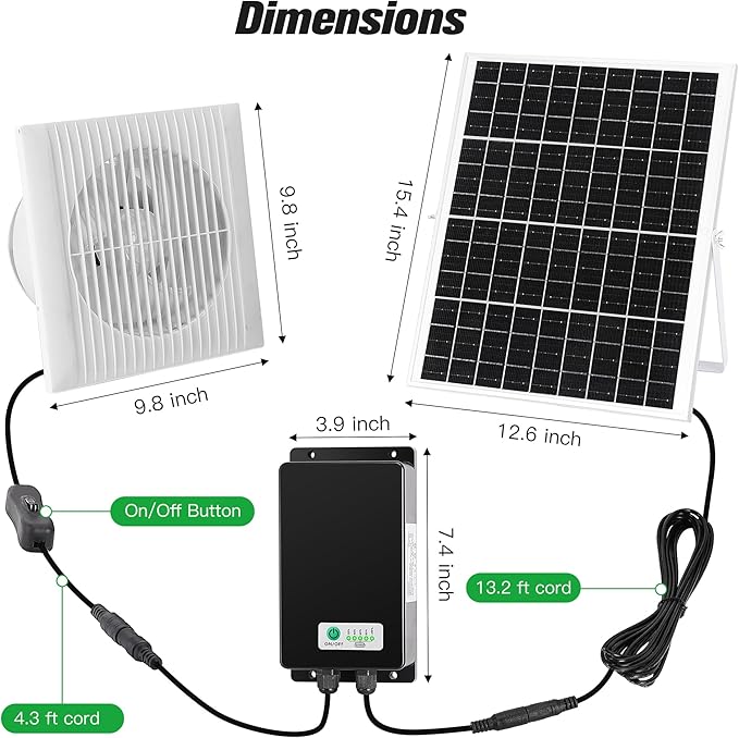 Solar Powered Rechargeable Exhaust Fan, 25W Solar 8" Ventilation Vent Fan with 66.6 Wh Battery Backup for Outside Greenhouse, Chicken Coop, Shed, Pet House