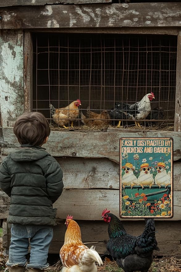 Vintage Hen Signs Easily Distracted By Chickens And Garden Metal Sign For Garden Home Bar Office Wall Art 16x12 Inch