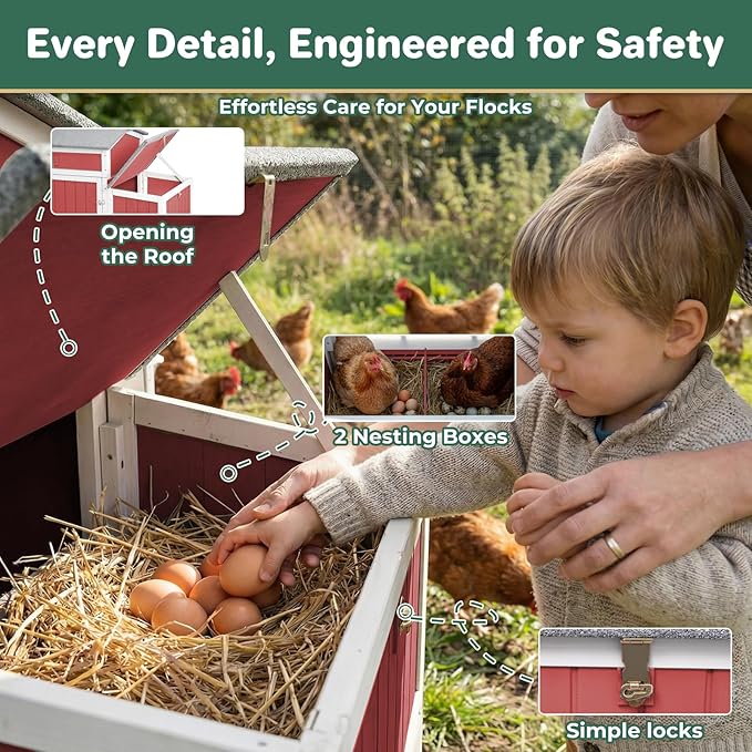 Chicken Coop with Run, Mobile Chicken Tractor Hen House Weatherproof with Wheels, Nesting Box, Roosting Bars, Pull-Out Tray, Asphalt Waterproof Roof & Fun Swing for Chickens Quails Small Animals