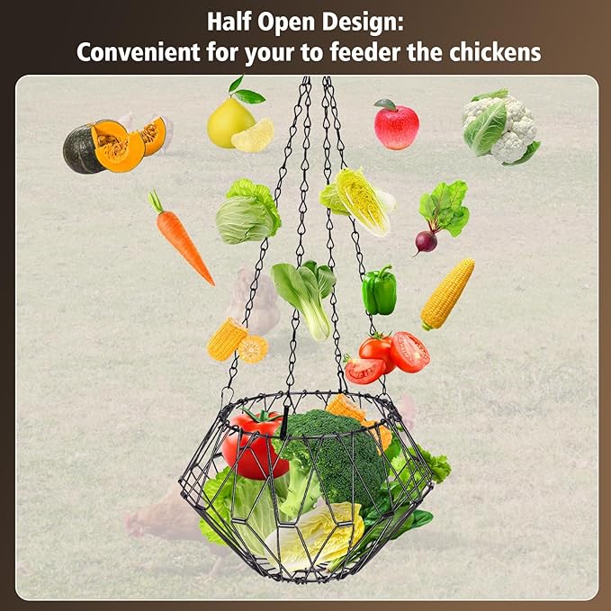 Hanging Chicken Treat Feeder, Fordable Chicken Vegetable Hanging Feeder for coop, Sturdy Chicken Treat Dispenser with 17 Inch Hanging Chain Chicken Accessories (M, 1PCS)
