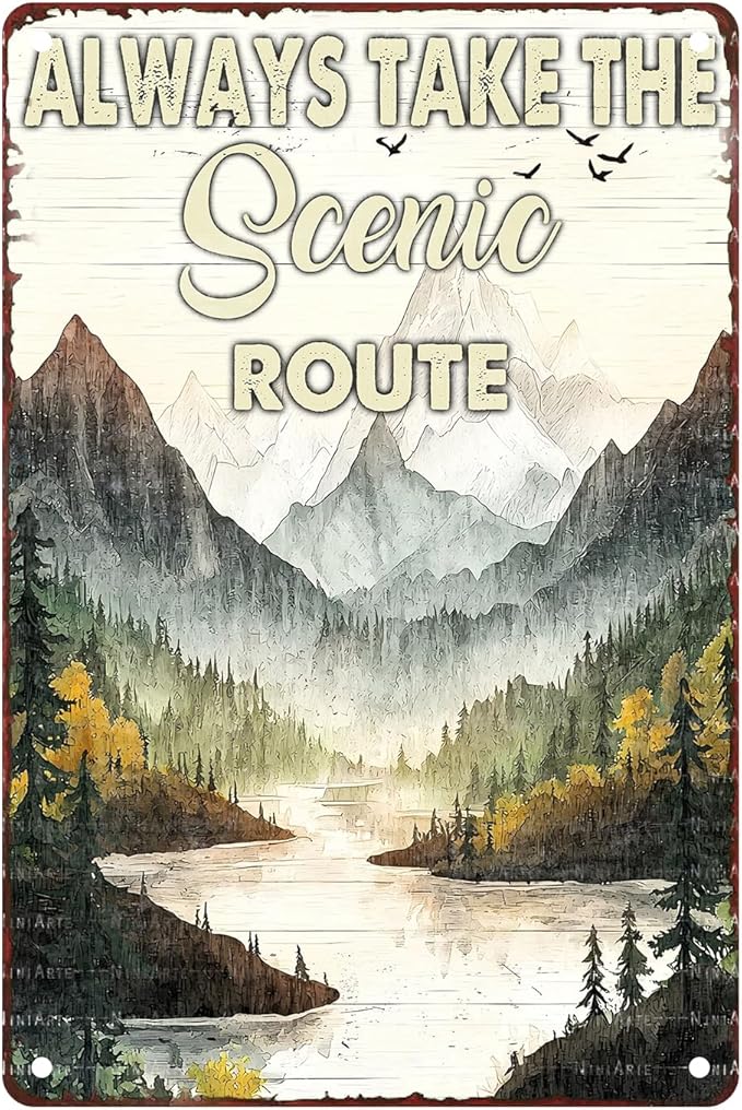 Camping Metal Tin Sign Always Take the Scenic Route Vintage Sign for Home Camper Cafes Bars Pubs Shop Wall Decorative for Men Women 8X12Inch