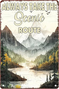 Camping Metal Tin Sign Always Take the Scenic Route Vintage Sign for Home Camper Cafes Bars Pubs Shop Wall Decorative for Men Women 8X12Inch