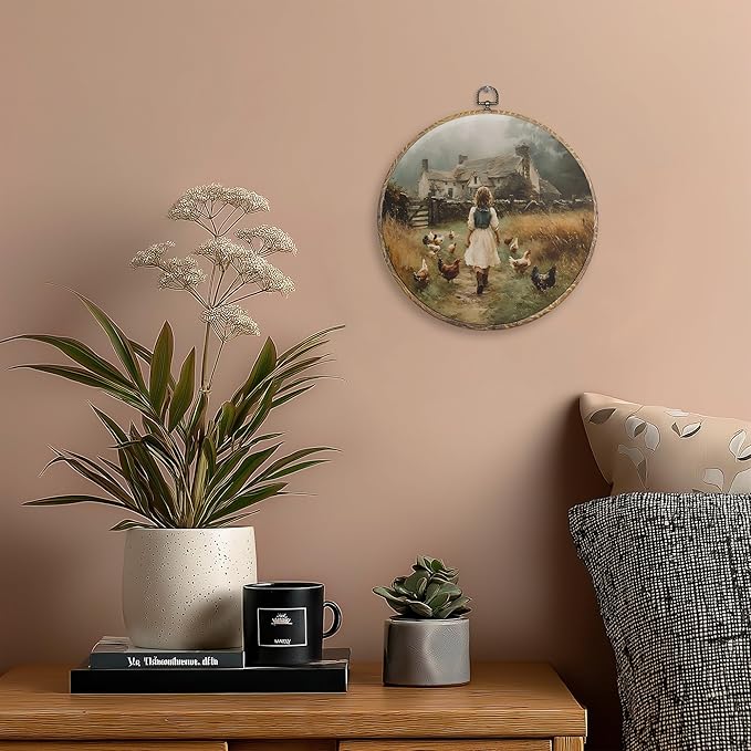 Pugwak Vintage Rustic Farmhouse Round Wall Art Decor, Farmhouse Farm Little Girl Chicken Canvas Art Framed, Cottagecore Country Artwork Wall Hanging Decor for Home Bedroom Living Room, 10x10in