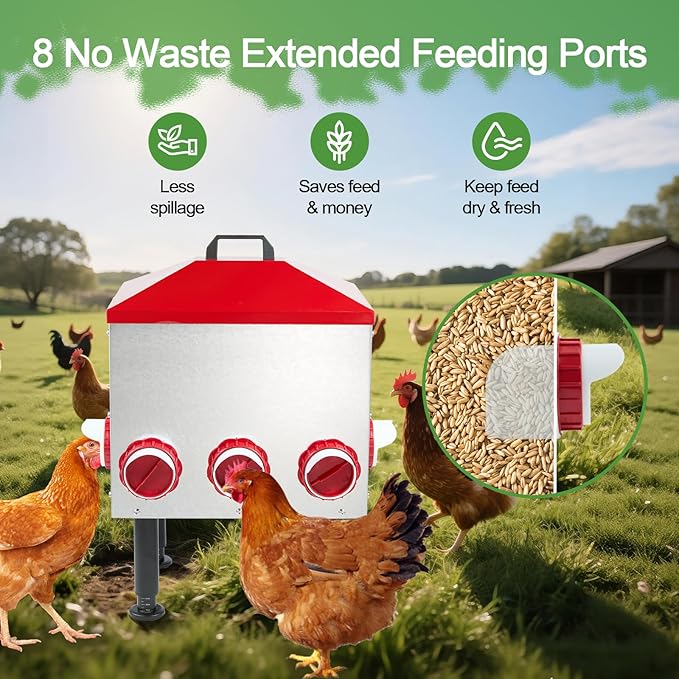 Large Automatic Chicken Feeder, 55LBS Chicken Feed Dispenser with Lid, 8 Feeding Ports, Adjustable Legs, Rodent Free, Waterproof Outdoor Metal Poultry Feeder