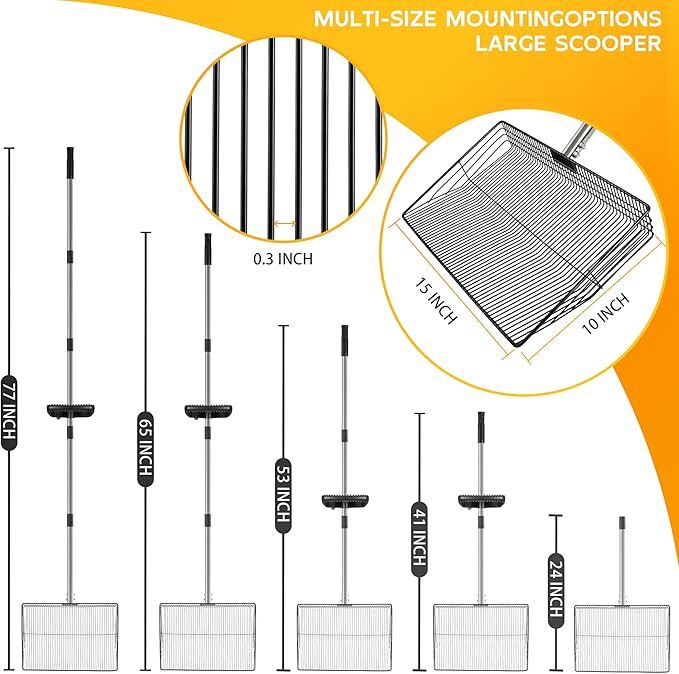 Large 15inch Chicken Poop Scooper, Chicken Coop Accessories 24-68" Long Litter Scoop with Ergonomic Grip, 5-in-1 Multifunctional Heavy Duty Litter Sifting Shovel for Coop, Goat Stall, Stable Cleaning