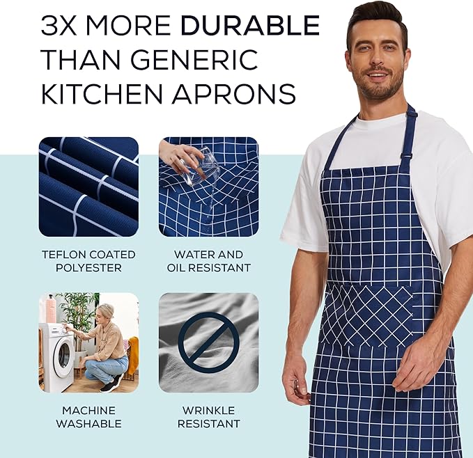 Will Well Kitchen Apron for Men and Women - 33" x 27" Oil-and-Water-Resistant with Adjustable Neck Strap and 38" Waist Ties for a Snug Fit, Lightweight with 2 Front Pockets - 6-Pack, Navy Checkered