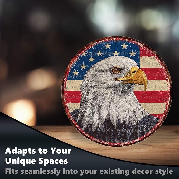 Vintage Bald Eagle Round Metal Sign Retro American flag Tin Sign Nostalgic Patriotism Wall Decor Decorations for Home Bedroom Living Room Cafe Bar Kitchen Yard Fence Door Outside 8 * 8 In