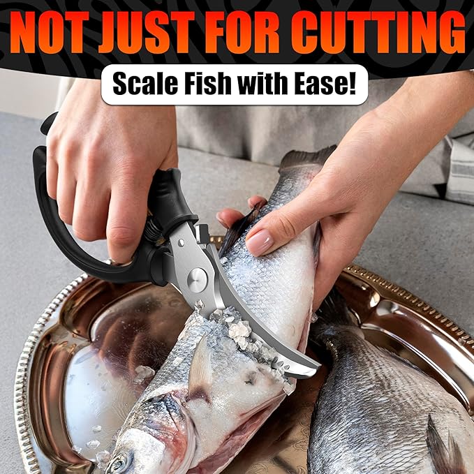 Poultry Shears Heavy Duty – Stainless Steel Chicken Shears | Meat, Vegetables, Seafood | Fish Scale Remover & Bone Scissors | Bone Cutting Scissors with Non-Slip Serrated Saw-Like Edge, Safety Lock