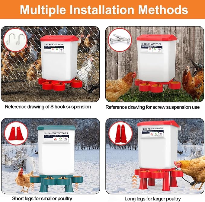 Hanging Heated Chicken Waterer, 2 Gallon Plastic Chicken Water Heater Heated Poultry Drinker, Detachable Legs, Winter and Summer Dual-use, Poultry Water Heater for Chicken Goose Duck - Red