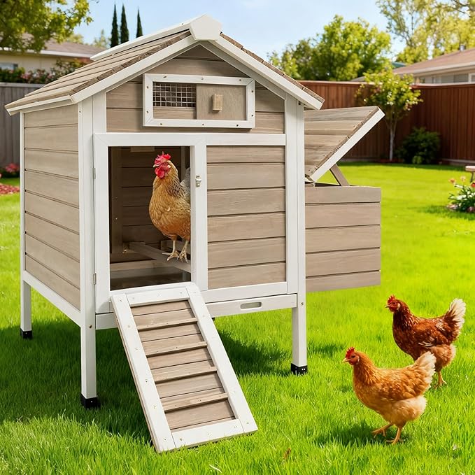 Chicken Coop Outdoor, Wooden Chicken House with 2 Nesting Boxs, Poultry Cage with Leak-Proof Pull-Out Tray, Lockable Ramp Door, Roosting Bars, Easy Assembly（32" L x 23.6" W x 36.6" H