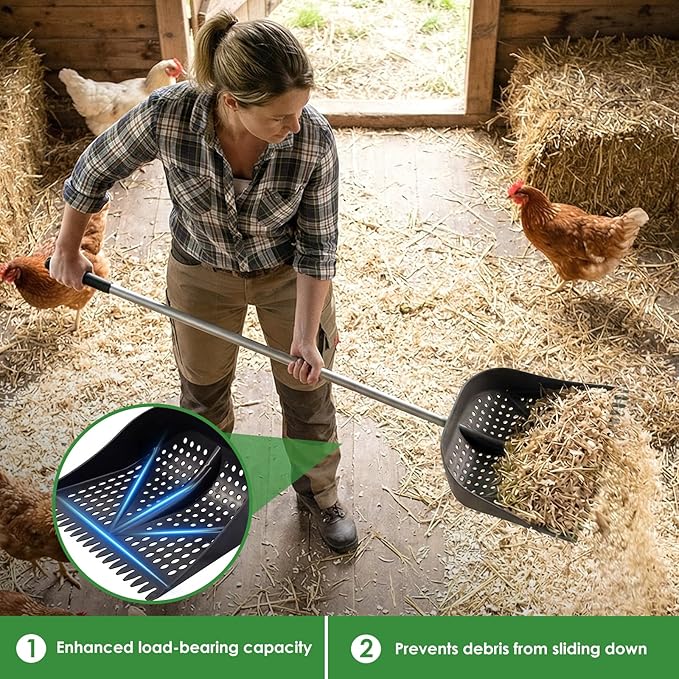 Heavy-Duty Yet Lightweight Chicken Poop Scooper & Rake 2-in-1, Adjustable Handle Length from 38" to 66", Features Manure Sifting Capability – Ideal for Chicken Coops and Farm Animal Cleaning (Black)