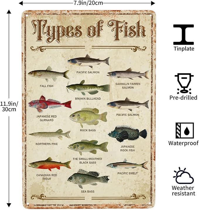 Fish Vintage Aluminum Sign Metal Types Of Fish Poster Wall Decor-Retro Fishing Decor Metal Tin Sign for Home Lake House Decor Bedroom Kitchen, Signs Gift,12''x 8''