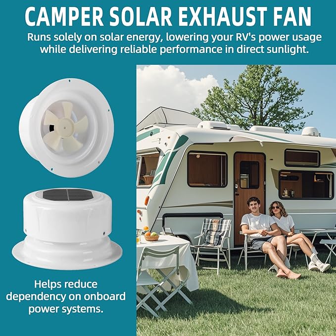 RV Solar Ventilation Fan with Mounting Screws, Solar-Powered Ceiling Fans for Camper, Trailer, RV Solar-Powered Ceiling Vent with Fan, Camper Solar Exhaust Fans for Trailer, Marine - White