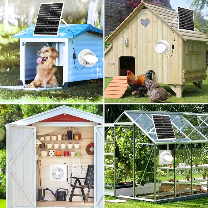Solar Powered Fan with Battery Run Day/Night, 22W 9.8" Solar Fan for Chicken Coop with 12000mAh Battery, Waterproof Solar greenhouse fan for Shed, Chicken Coop, Greenhouse