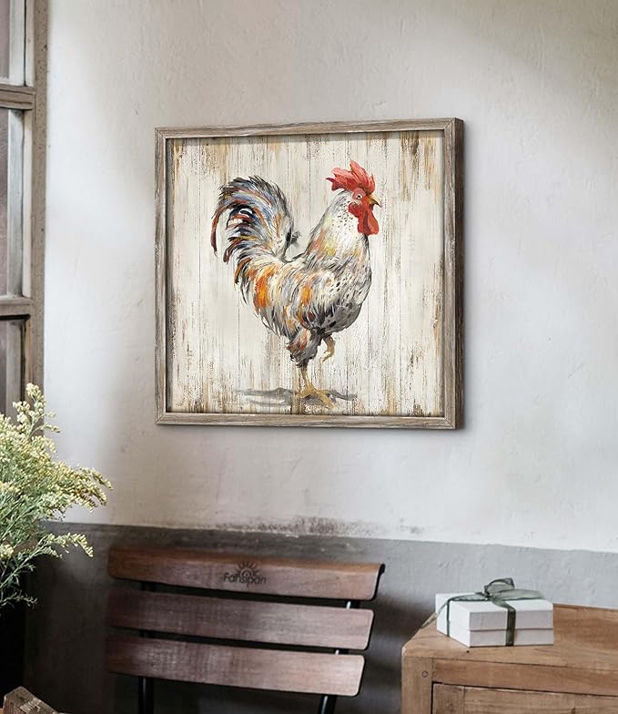 Rooster Wall Art Wooden Decor: Farm Animal Rustic Framed Print Picture Farmhouse Chicken Print Artwork Decorations Rustic Country Kitchen Painting for Home Living Room Bedroom 16 x 16 Inches